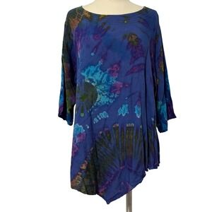 Tango Tucan Blue‎ Tie Dye Rayon Boho Tunic Top Asymmetrical Hem One Size